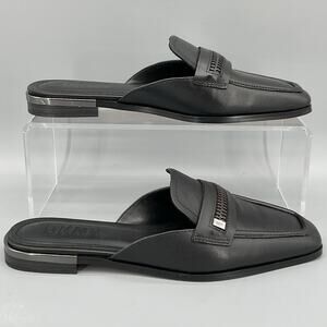 NEW DKNY Women’s Elin Leather Zipper Detail Flat Mules Black Size 6